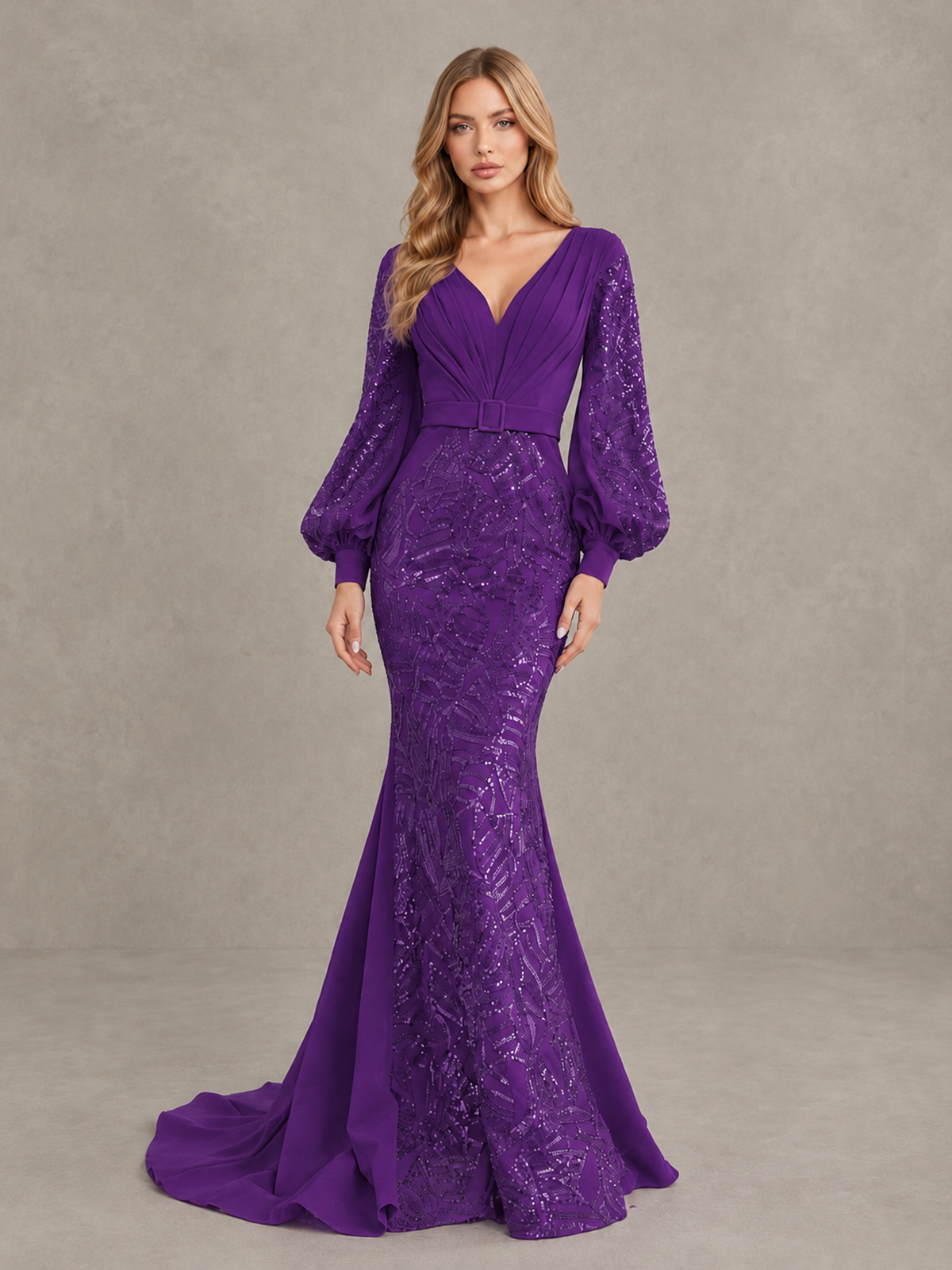 BOLODOO Purple Sequin Long Bishop Sleeve Mermaid Evening Dress - Purple - Purple (4)