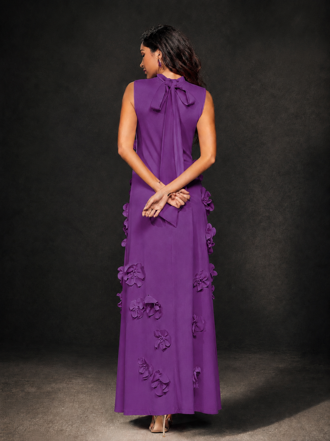 BOLODOO Purple Mock Neck Sleeveless 3D Floral Appliqué Maxi Dress with Bow Back - Purple