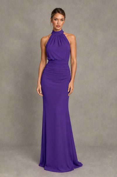 BOLODOO Purple Chiffon Halter Maxi Formal Wedding Guest Dress 