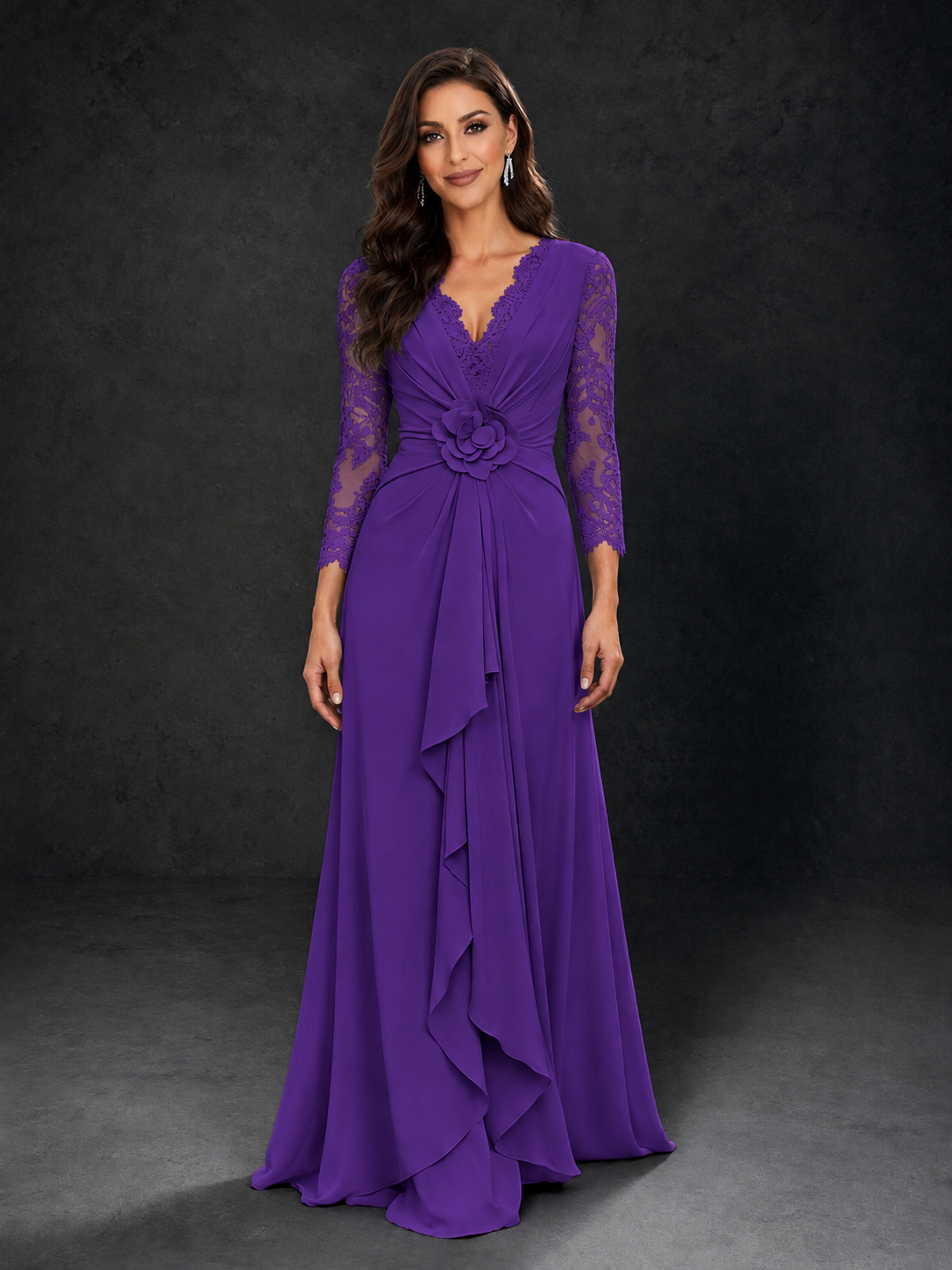 BOLODOO Purple Lace Sleeve V-Neck Floral Waist Chiffon A-Line Maxi Dress 