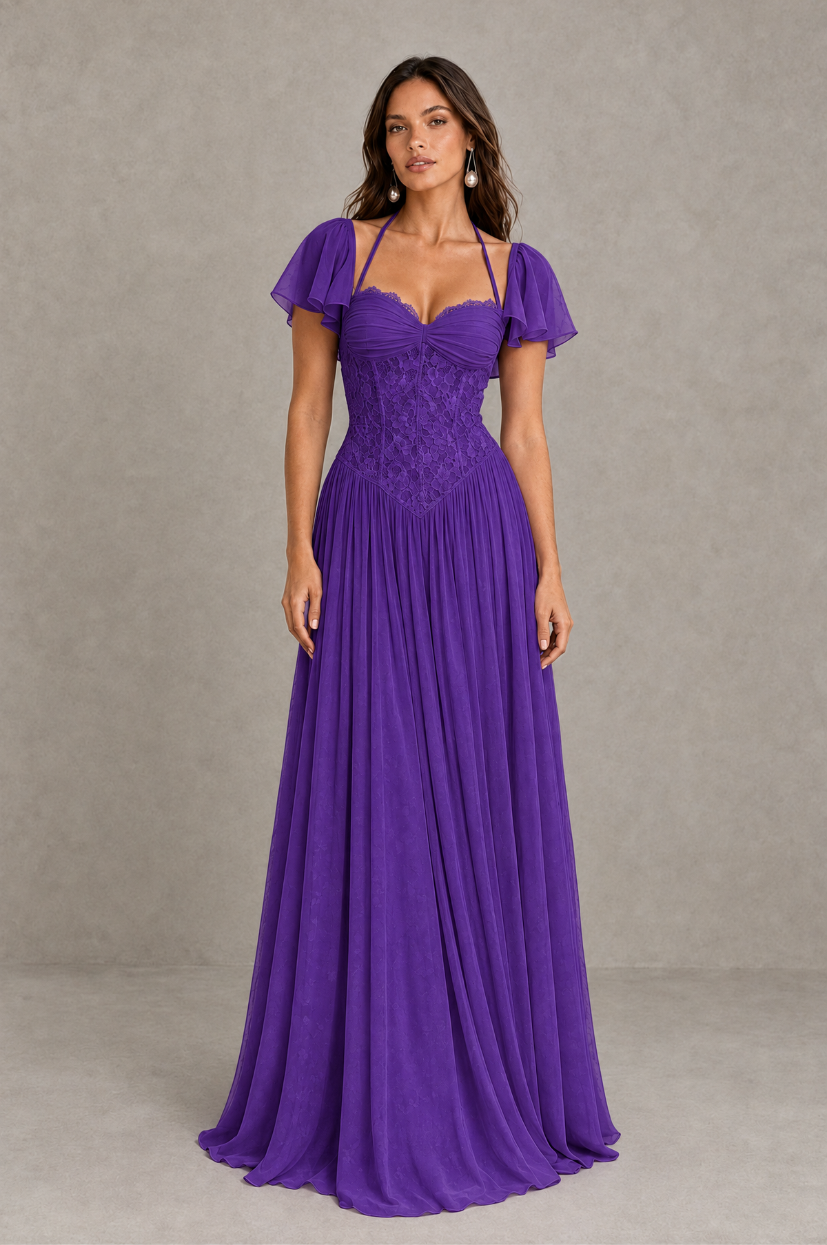 BOLODOO Purple Flutter Sleeve Lace Corset A-Line Maxi Dress 