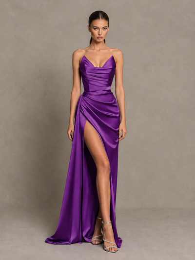 BOLODOO Purple Strapless Satin High-Slit Lace-Up Prom Dress 