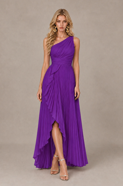 BOLODOO Purple One-Shoulder High-Low Ruffle Maxi Dress 