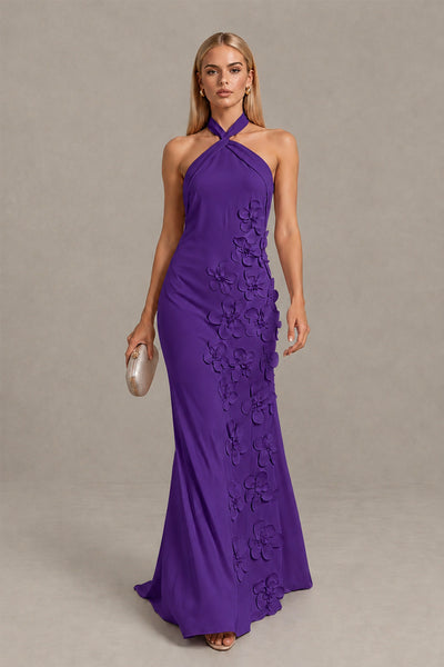 BOLODOO Purple Cross Halter Neck 3D Floral Appliqué Backless Mermaid Maxi Gown 