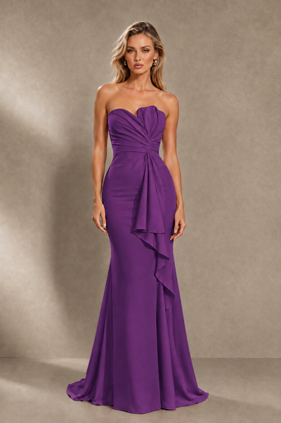 BOLODOO Purple Strapless Sweetheart Ruched Mermaid Gown | Cascade Drape Formal Evening Dress 