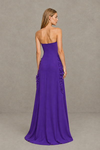 BOLODOO Purple Strapless 3D Floral Appliqué Crepe Maxi Gown 