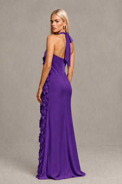 BOLODOO Purple Cross Halter Neck 3D Floral Appliqué Backless Mermaid Maxi Gown 