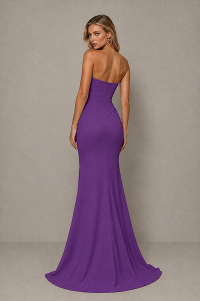 BOLODOO Purple Strapless Sweetheart Ruched Mermaid Gown | Cascade Drape Formal Evening Dress 