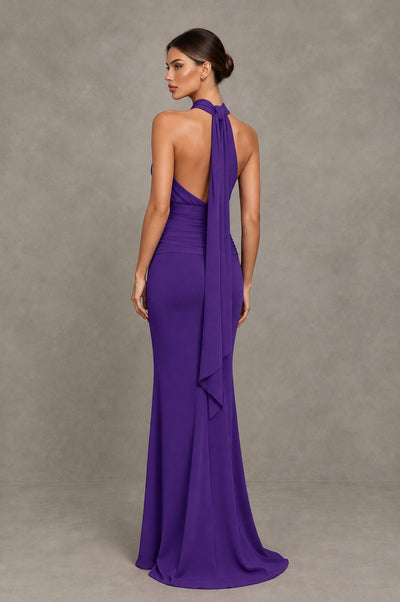 BOLODOO Purple Chiffon Halter Maxi Formal Wedding Guest Dress 