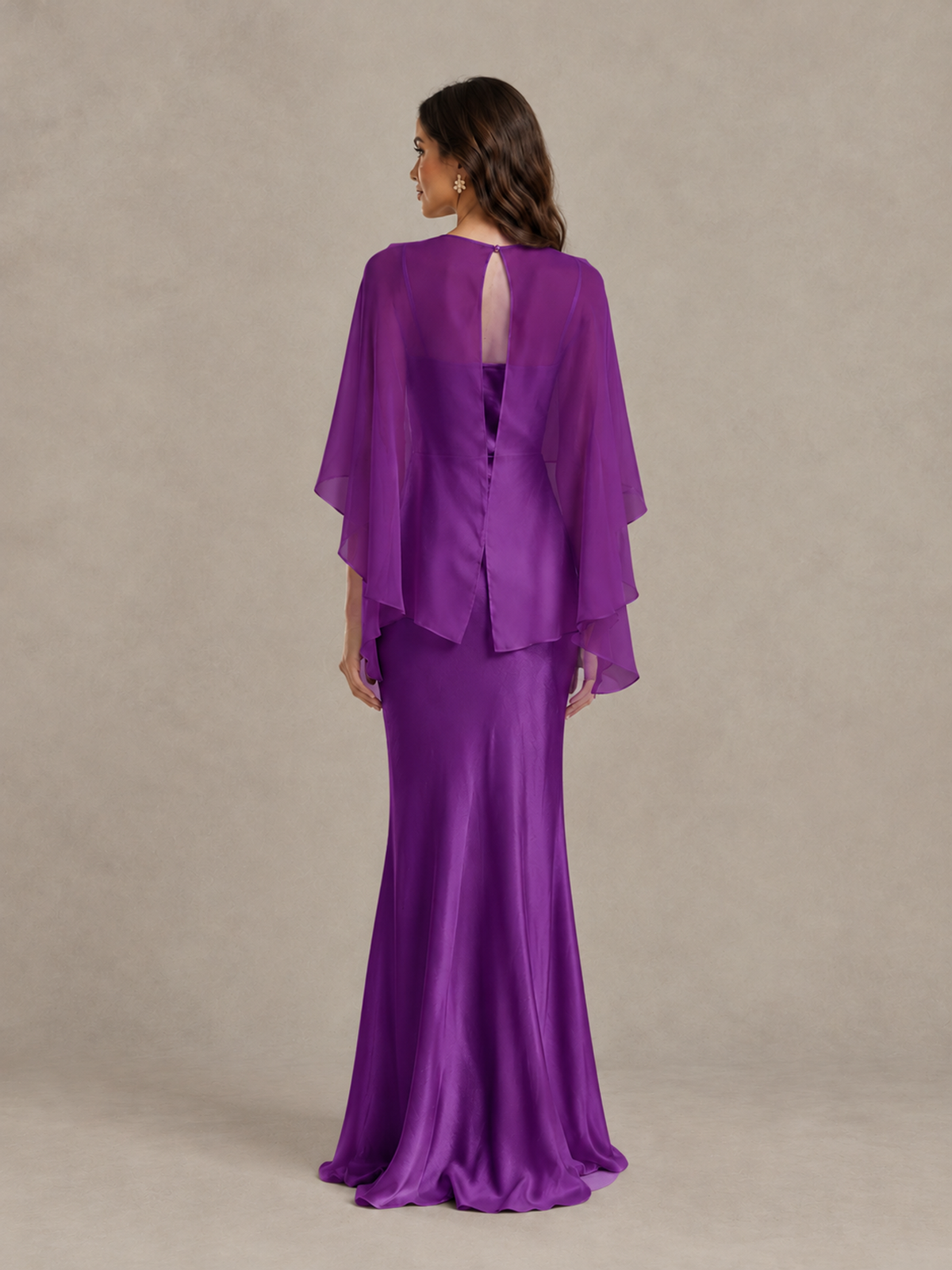 BOLODOO Purple Satin Mermaid Bridesmaid Dress with Chiffon Cape 
