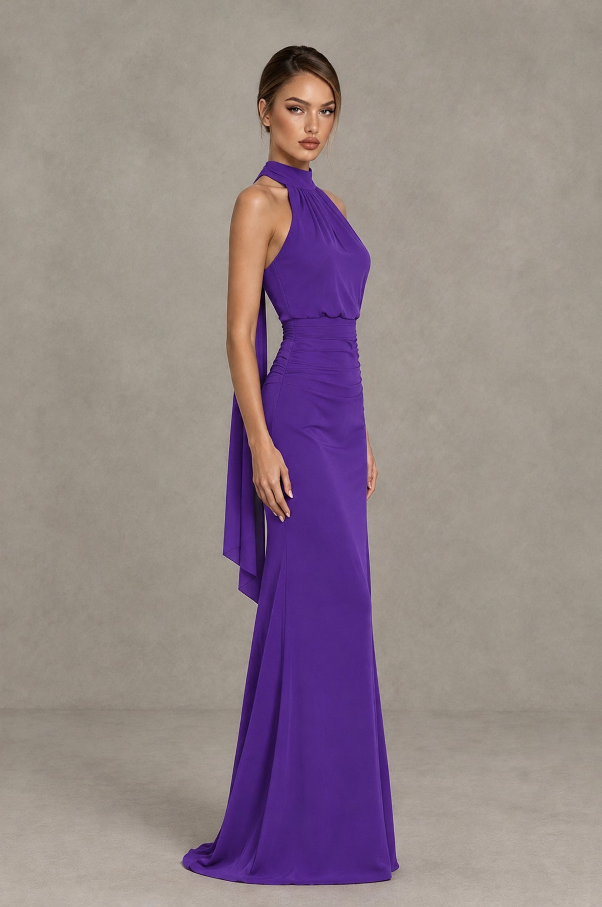 BOLODOO Purple Chiffon Halter Maxi Formal Wedding Guest Dress 