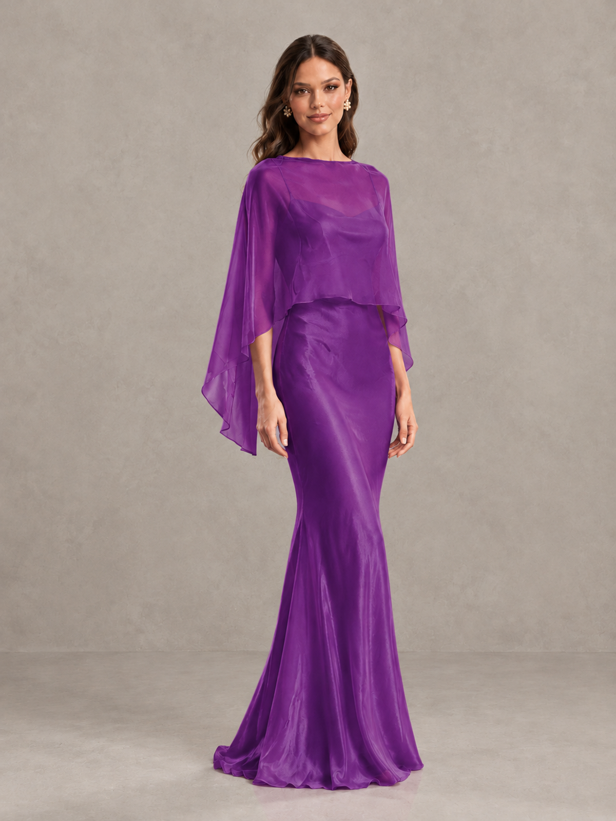BOLODOO Purple Satin Mermaid Bridesmaid Dress with Chiffon Cape 