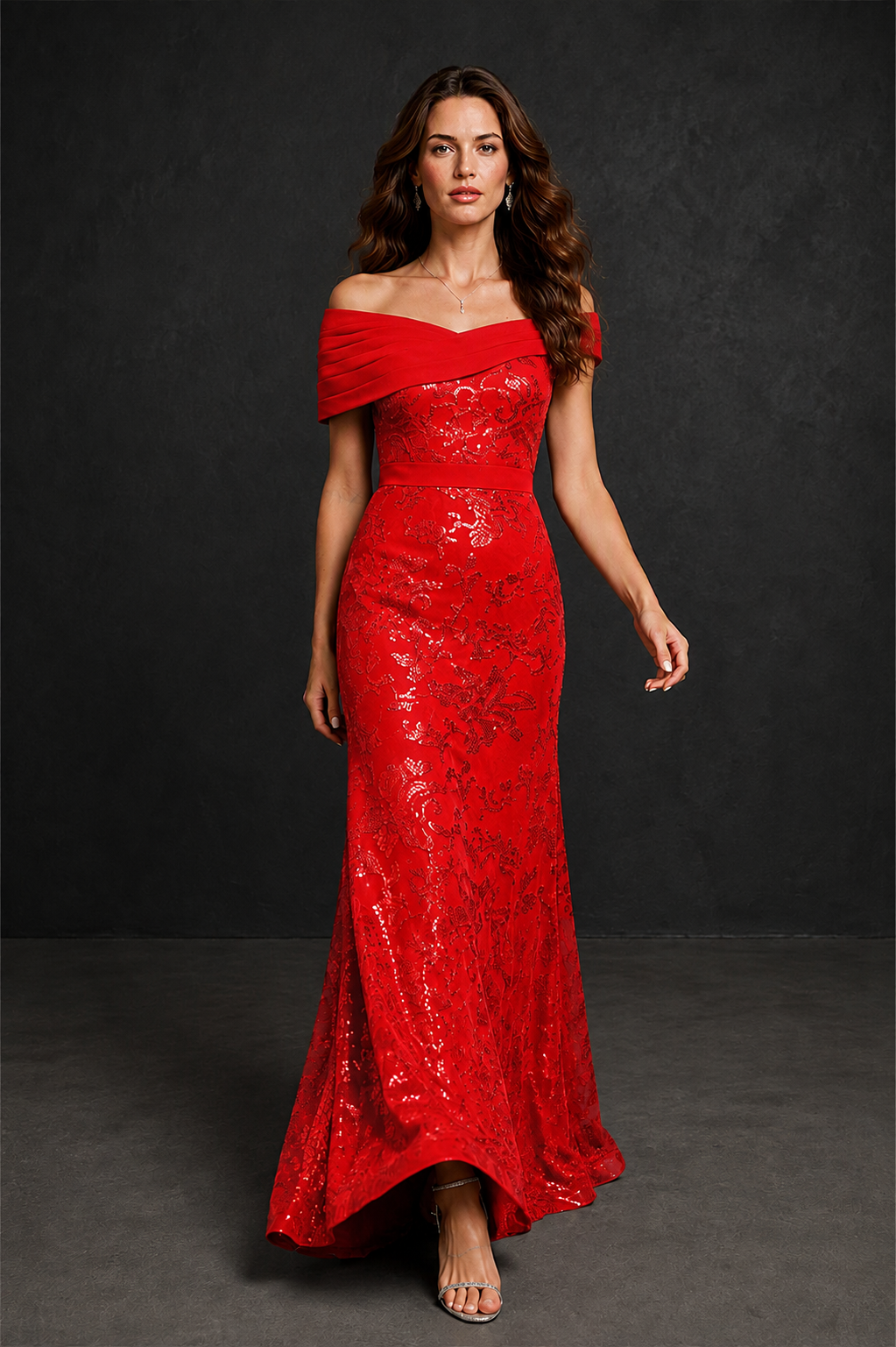 BOLODOO Red 15dc3946 Off-Shoulder Sequin Lace Mermaid Evening Gown | Mother of the Bride Formal Dress - Red-15dc3946