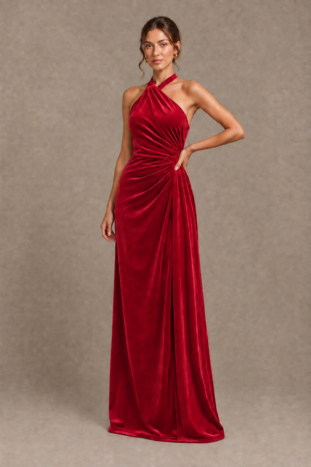 BOLODOO red velvet halter evening gown showing open back and waist tie detail