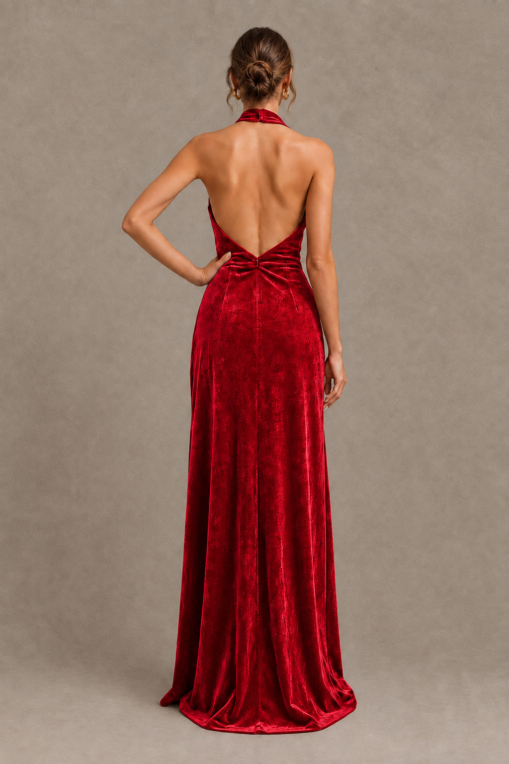 BOLODOO red velvet halter neck evening gown with ruched draping and floor-length skirt front view
