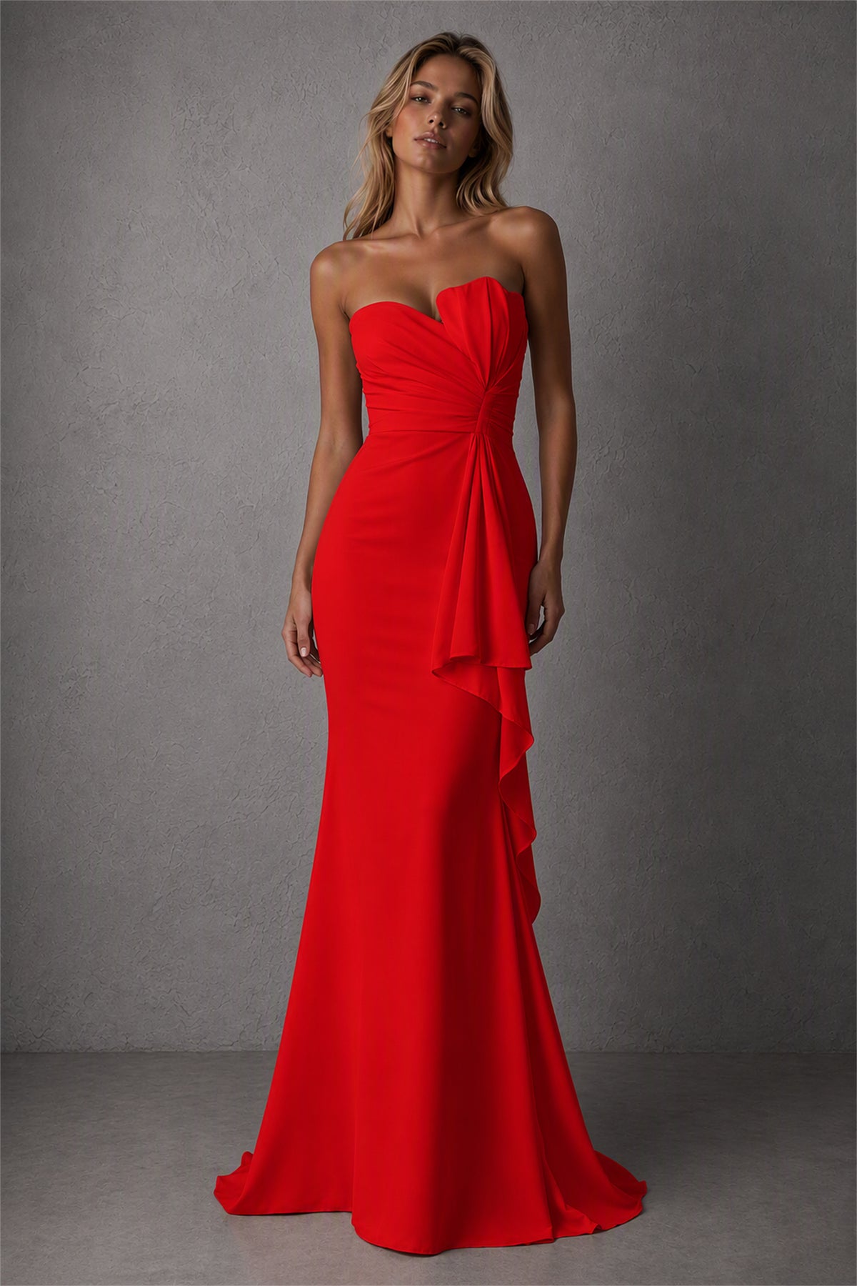 BOLODOO Red Strapless Sweetheart Ruched Mermaid Gown | Cascade Drape Formal Evening Dress - Red