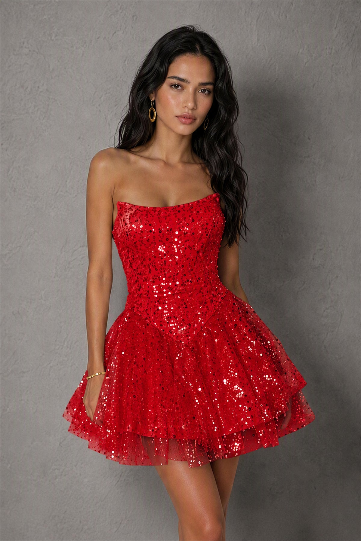 BOLODOO Red Sequin Strapless Corset Tiered Ruffle Mini Dress | BD0563 - Red