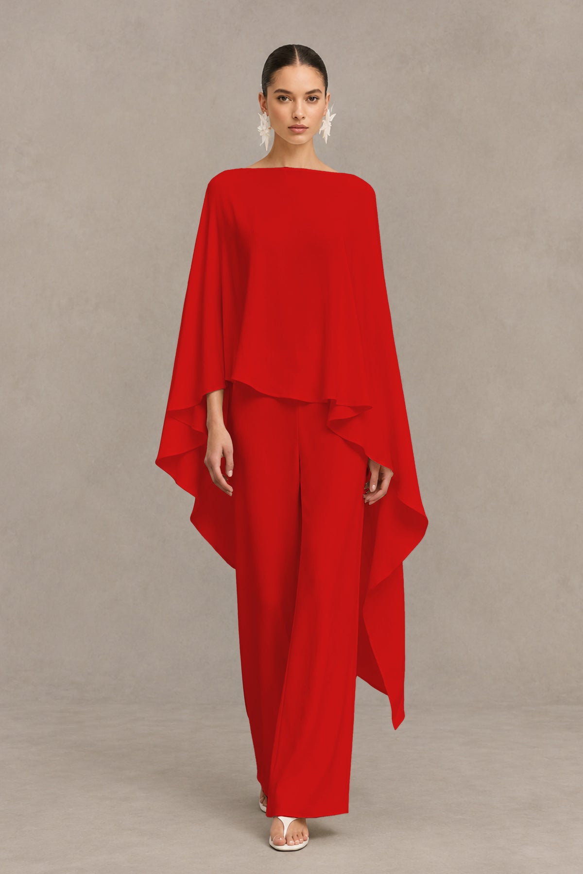 BOLODOO Red Cape Sleeve Wide-Leg Formal Pantsuit - Red - Red_01