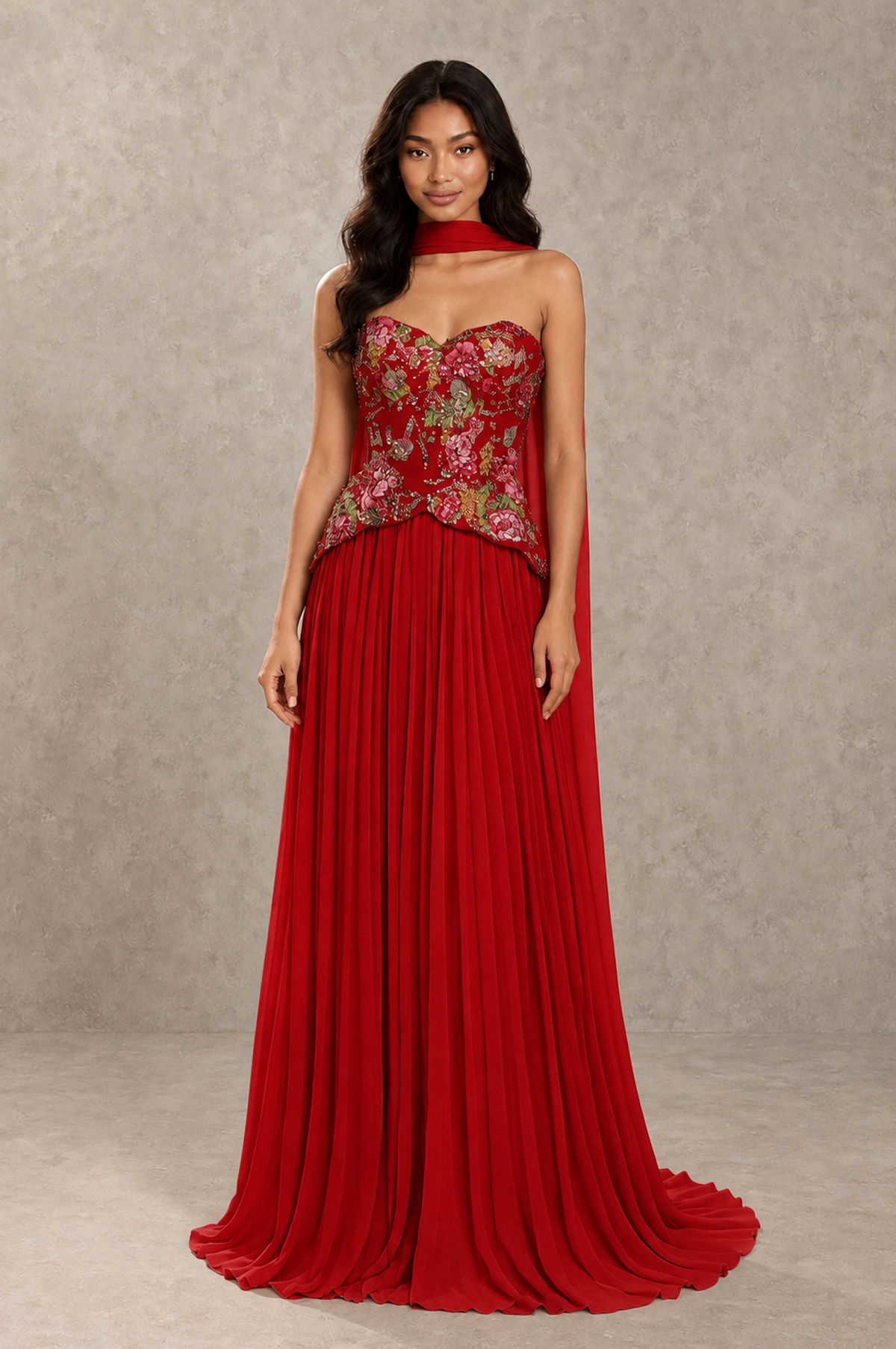 BOLODOO Red Strapless Beaded Floral Corset Chiffon Maxi Gown – Open Back Prom & Formal Evening Dress - Red - Red_01