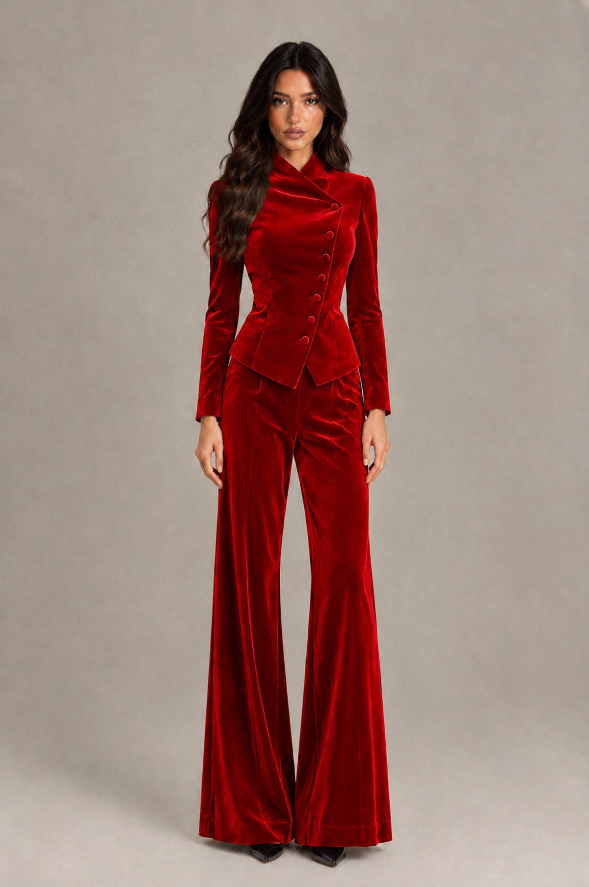 BOLODOO Red Velvet Two-Piece Pantsuit with Long Sleeve Blazer & Wide-Leg Trousers - Red - Red_01