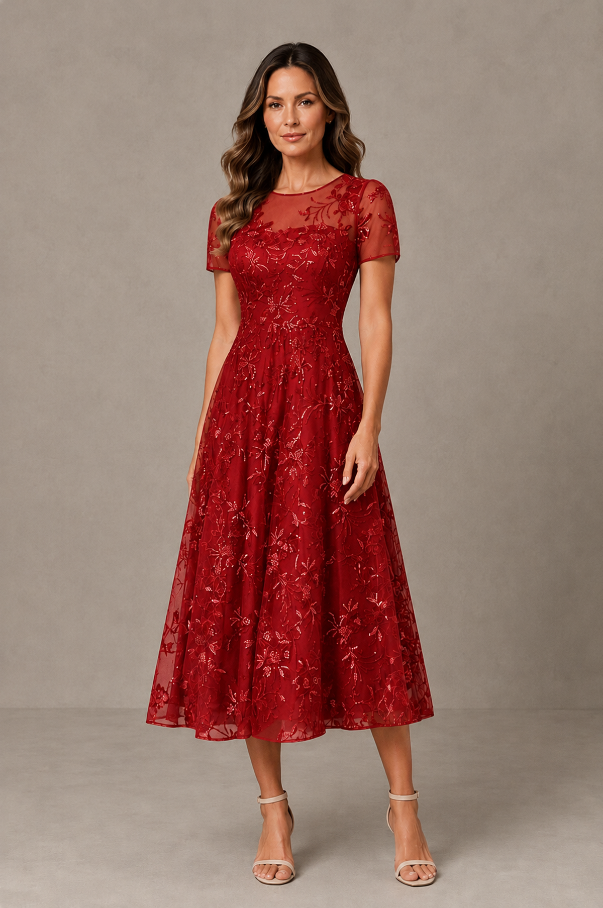 BOLODOO Red Textured Floral A-Line Dress with Short Sleeves - Red - Red_01