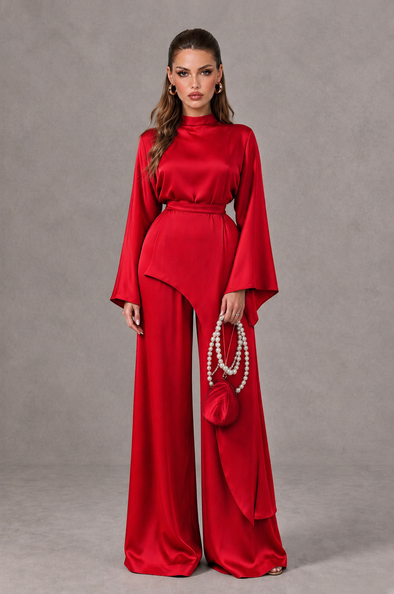 Red Satin-Look Long Sleeve Jumpsuit | BOLODOO