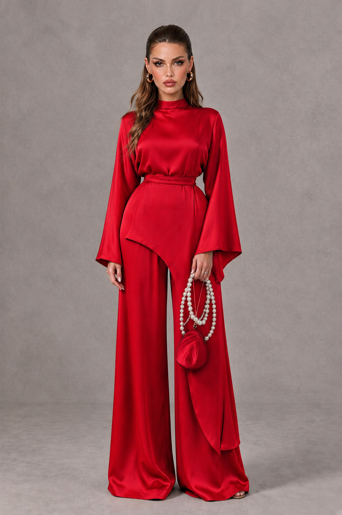 BOLODOO Red Satin-Look Long Sleeve Wide-Leg Jumpsuit - Red - Red_01