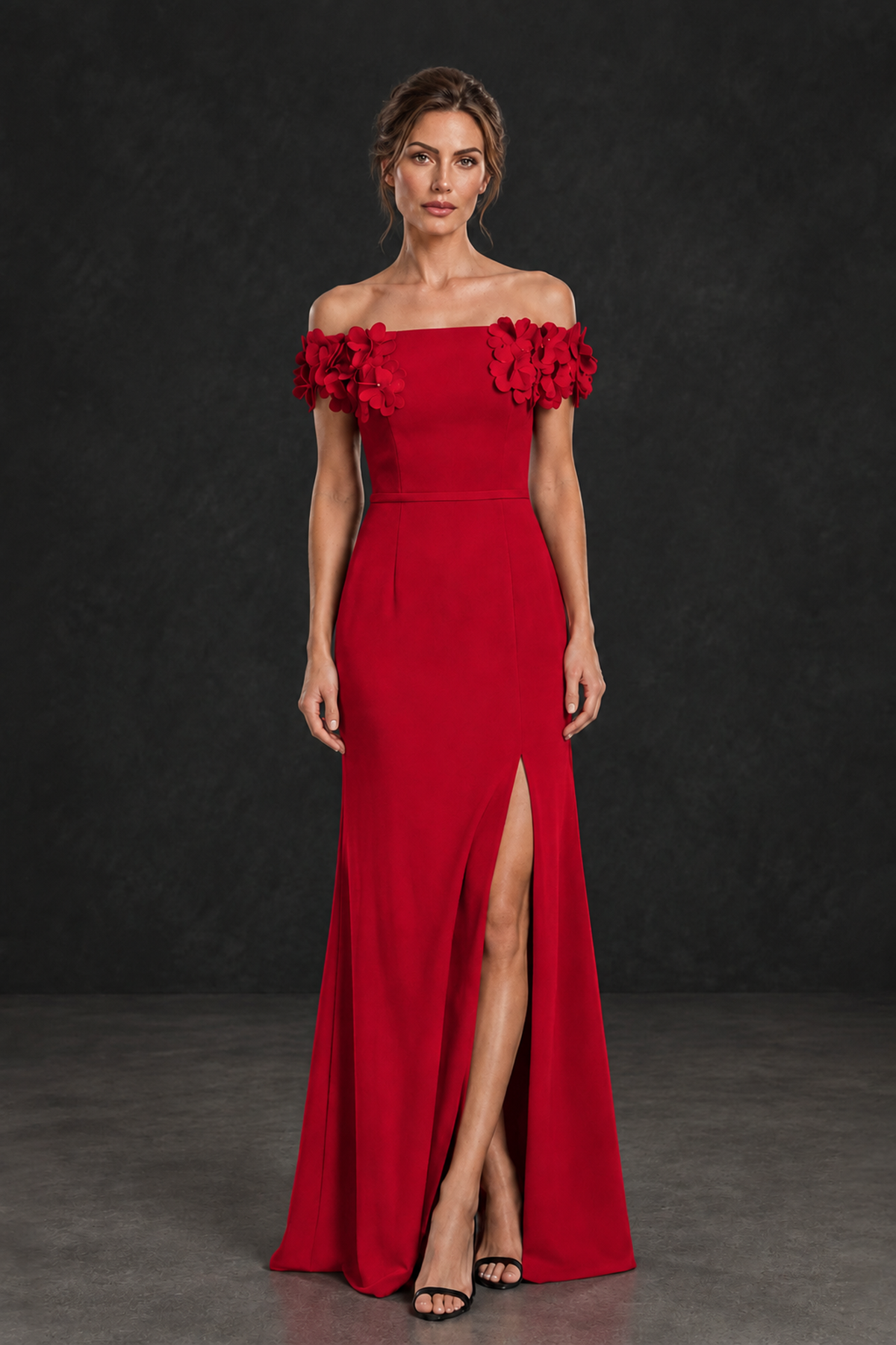 BOLODOO Red Off-the-Shoulder Mother of the Bride Dress with Floral Appliques - Red - Red_01