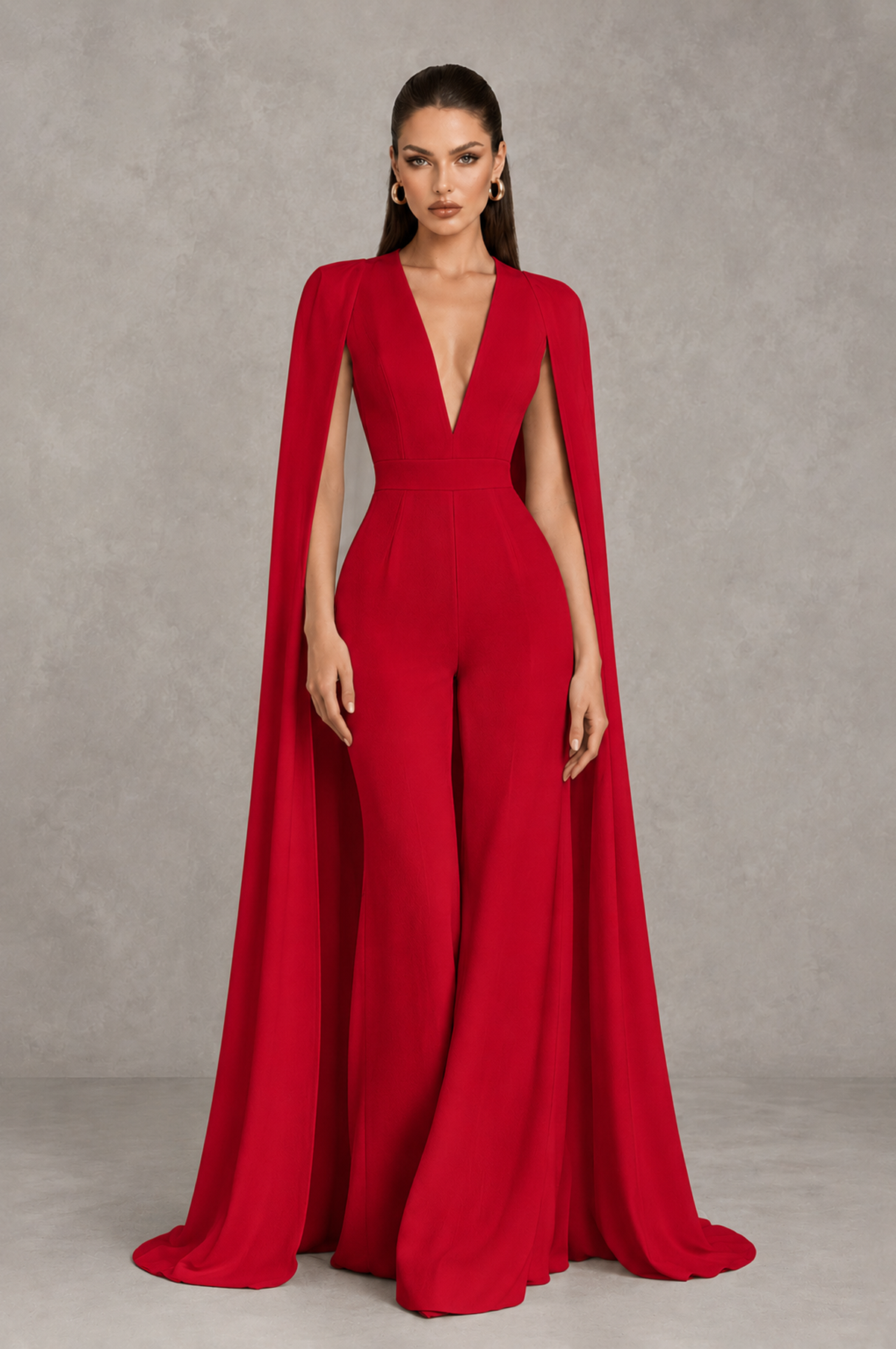 BOLODOO Red Deep V-Neck Cape Sleeve Bridal Jumpsuit - Red - Red_01