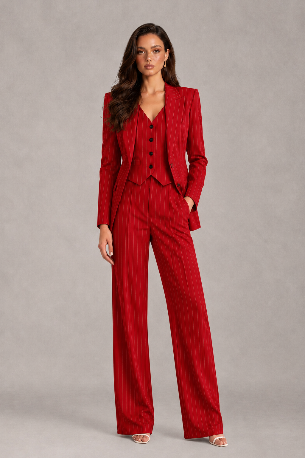 BOLODOO Women's Red Pinstripe Three-Piece Pantsuit with Wide-Leg Trousers - Red - Red_01