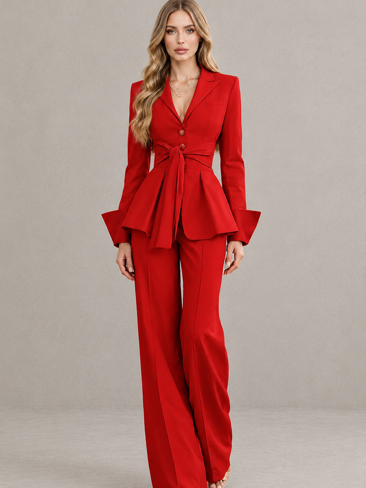 BOLODOO Red Belted Peplum Pantsuit with Long Sleeves & Wide-Leg Trousers - Red - Red_01