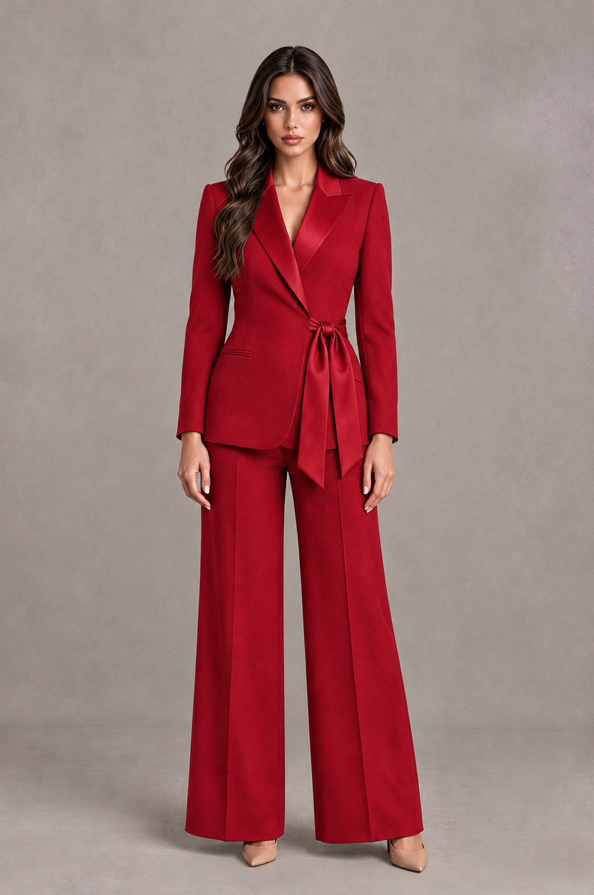 BOLODOO Red Tie-Waist Blazer & Wide-Leg Pantsuit - Red - Red_01