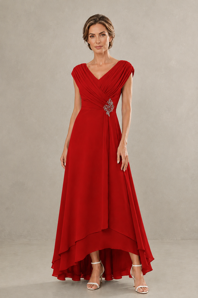 BOLODOO Red V-Neck High-Low Mother of the Bride Dress - Red - Red_01