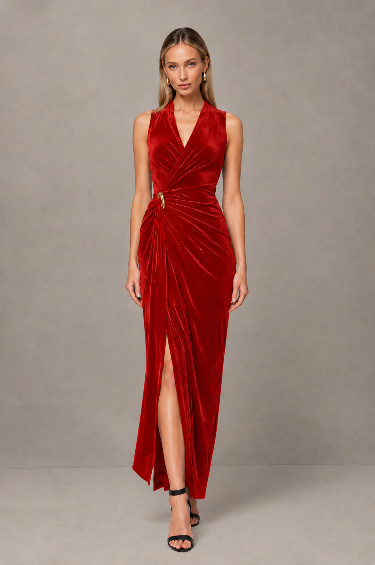BOLODOO Red Velvet-Look Sleeveless V-Neck Ruched Slit Maxi Dress - Red - Red_01