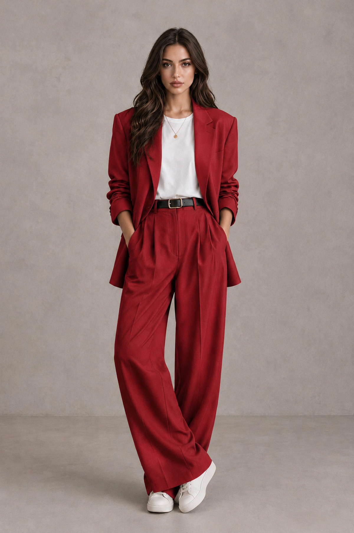 BOLODOO Red Brown Blazer & Wide-Leg Pants Suit for Women - Red - Red_01