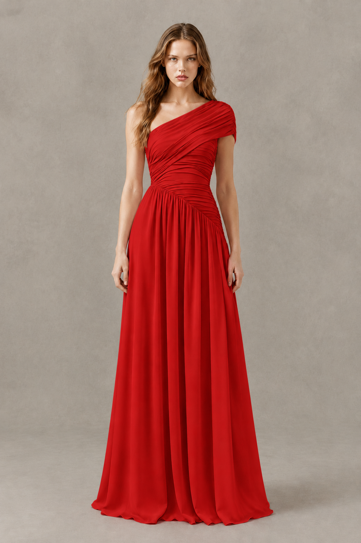 BOLODOO Red One-Shoulder Ruched Floor-Length Bridesmaid Dress - Red - Red_01