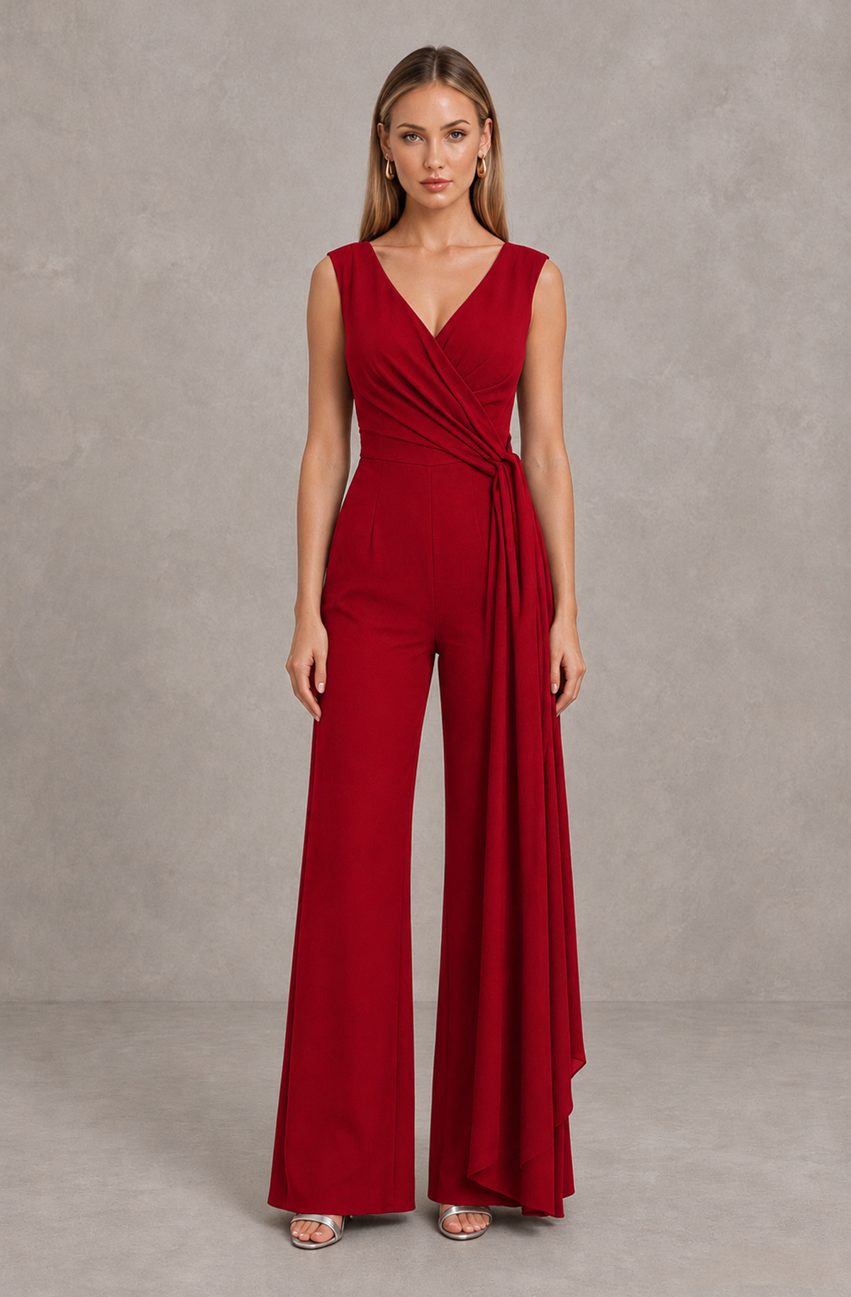 BOLODOO Red Sleeveless V-Neck Wide-Leg Jumpsuit with Side Drape - Red - Red_01