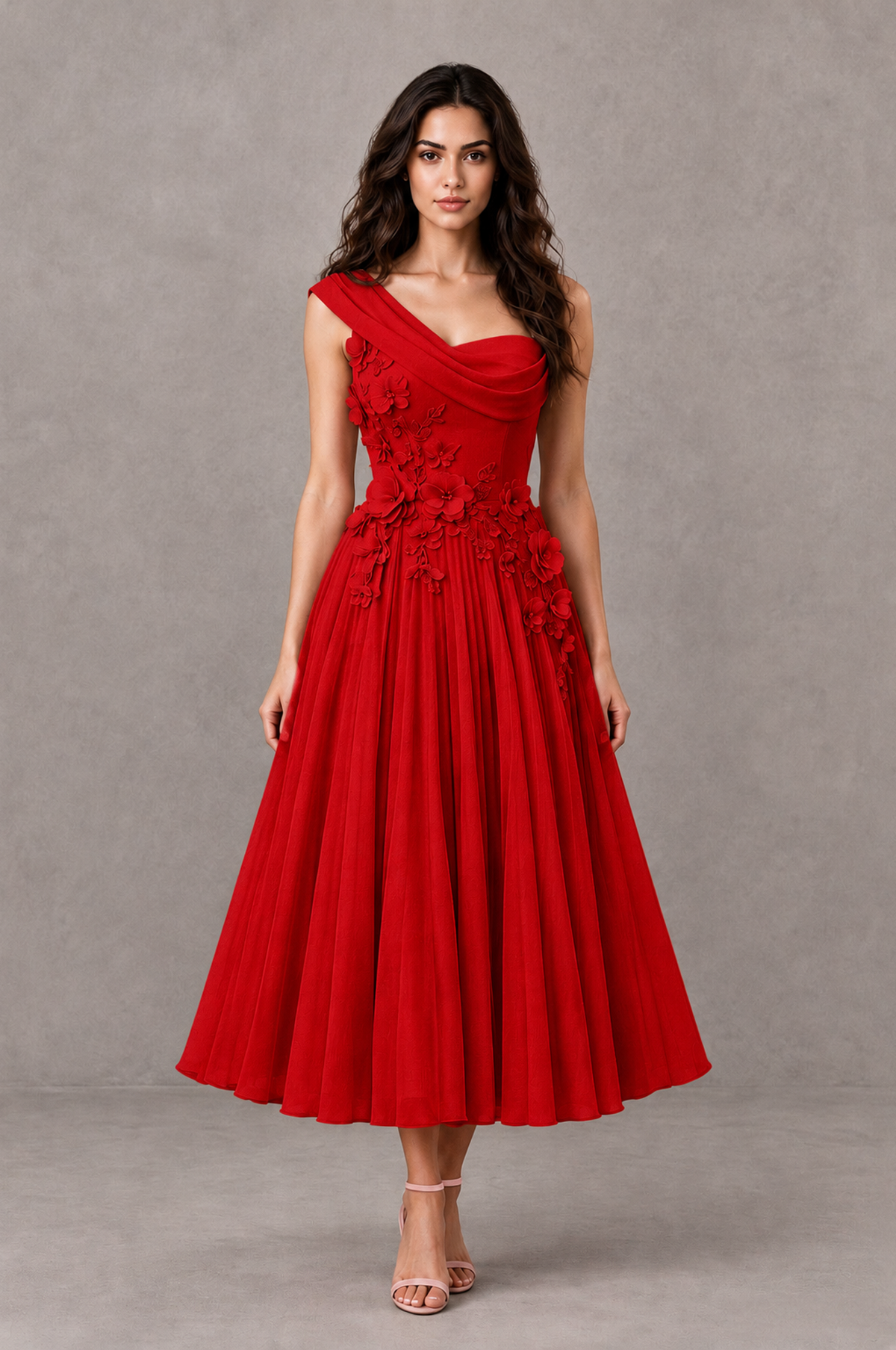BOLODOO Red One-Shoulder Floral Tulle Tea-Length Dress - Red - Red_01