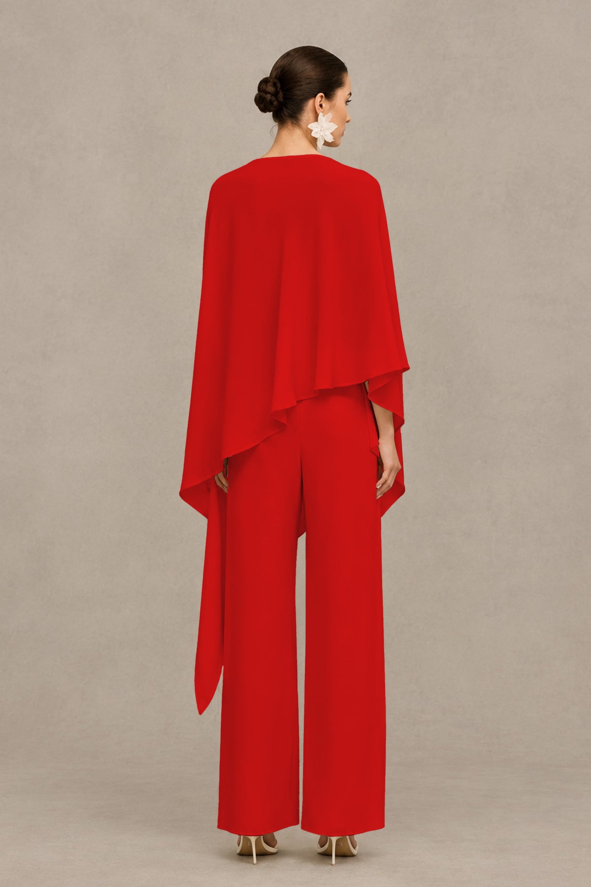 BOLODOO Red Cape Sleeve Wide-Leg Formal Pantsuit - Red - Red_02