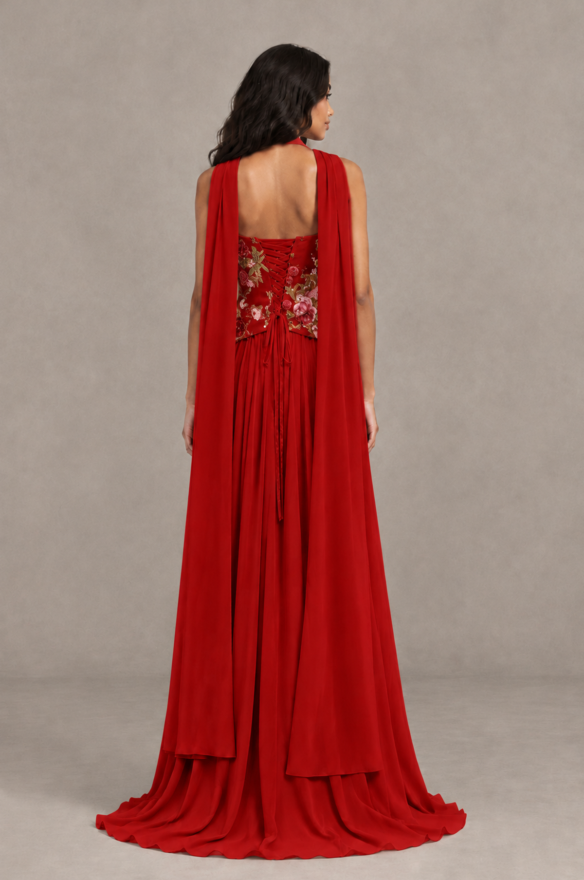 BOLODOO Red Strapless Beaded Floral Corset Chiffon Maxi Gown – Open Back Prom & Formal Evening Dress - Red - Red_02