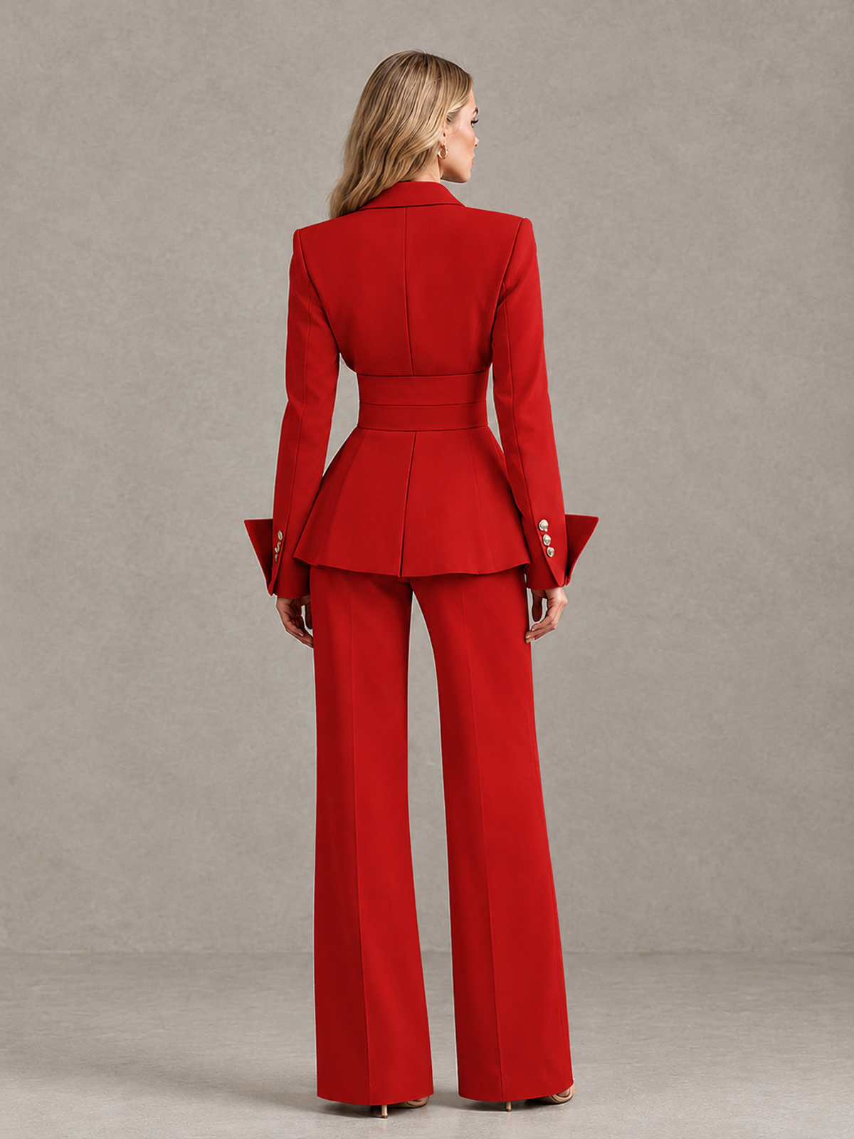 BOLODOO Red Belted Peplum Pantsuit with Long Sleeves & Wide-Leg Trousers - Red - Red_02