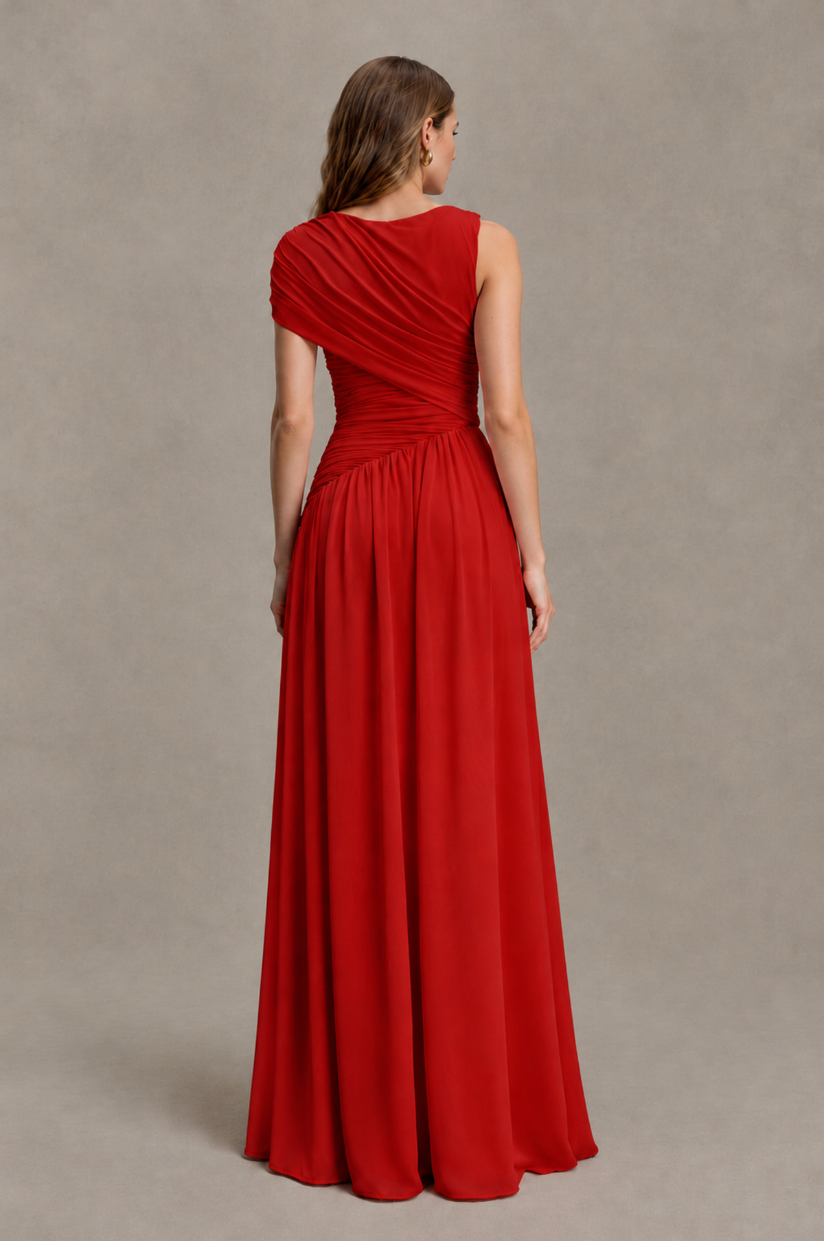 BOLODOO Red One-Shoulder Ruched Floor-Length Bridesmaid Dress - Red - Red_02