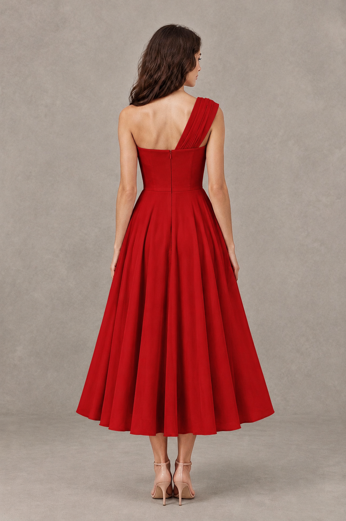 BOLODOO Red One-Shoulder Floral Tulle Tea-Length Dress - Red - Red_02