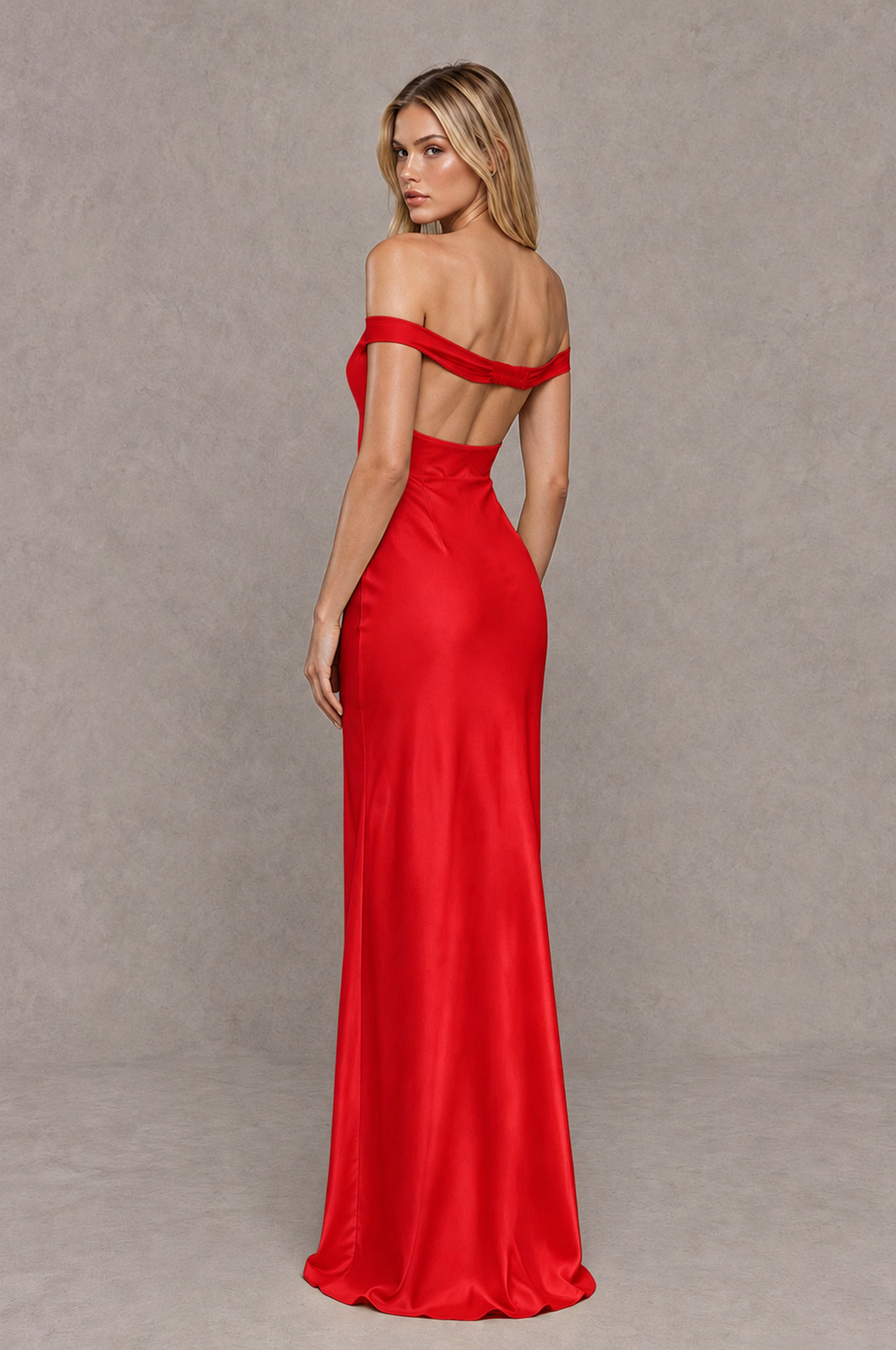 BOLODOO Red Off-Shoulder Open-Back Satin Evening Gown - Red - Red_02