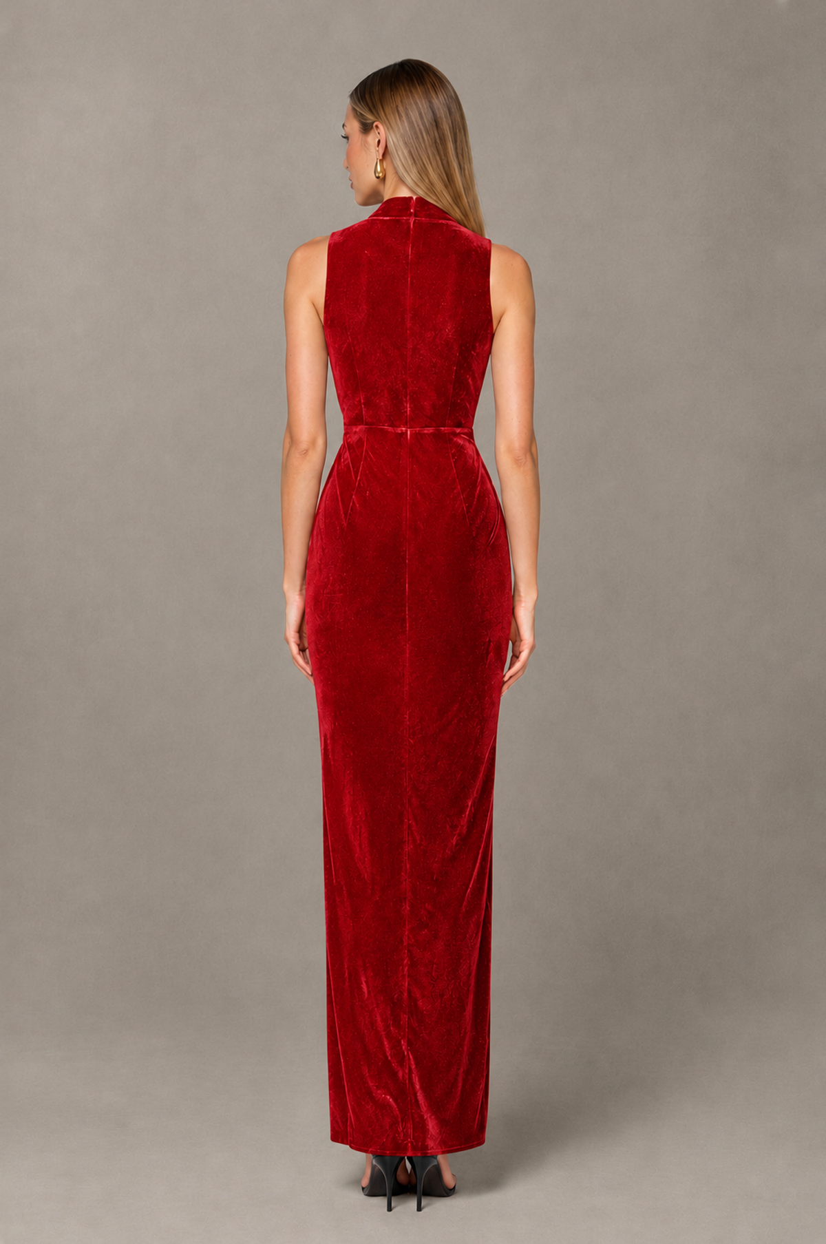 BOLODOO Red Velvet-Look Sleeveless V-Neck Ruched Slit Maxi Dress - Red - Red_02