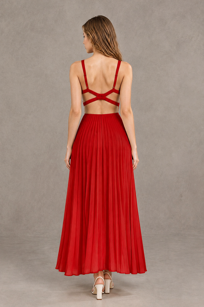 BOLODOO Red V-Neck Pleated Open-Back Maxi Dress - Red - Red_02