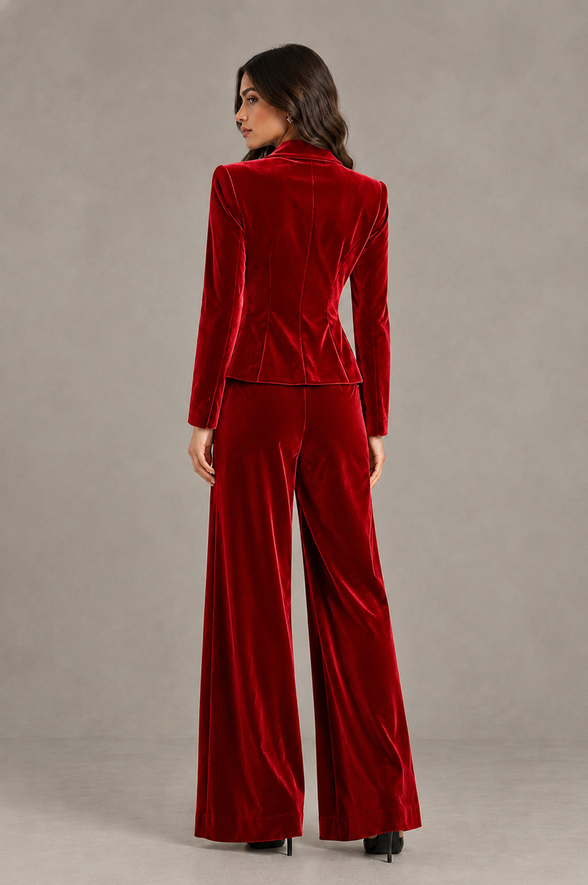 BOLODOO Red Velvet Two-Piece Pantsuit with Long Sleeve Blazer & Wide-Leg Trousers - Red - Red_02