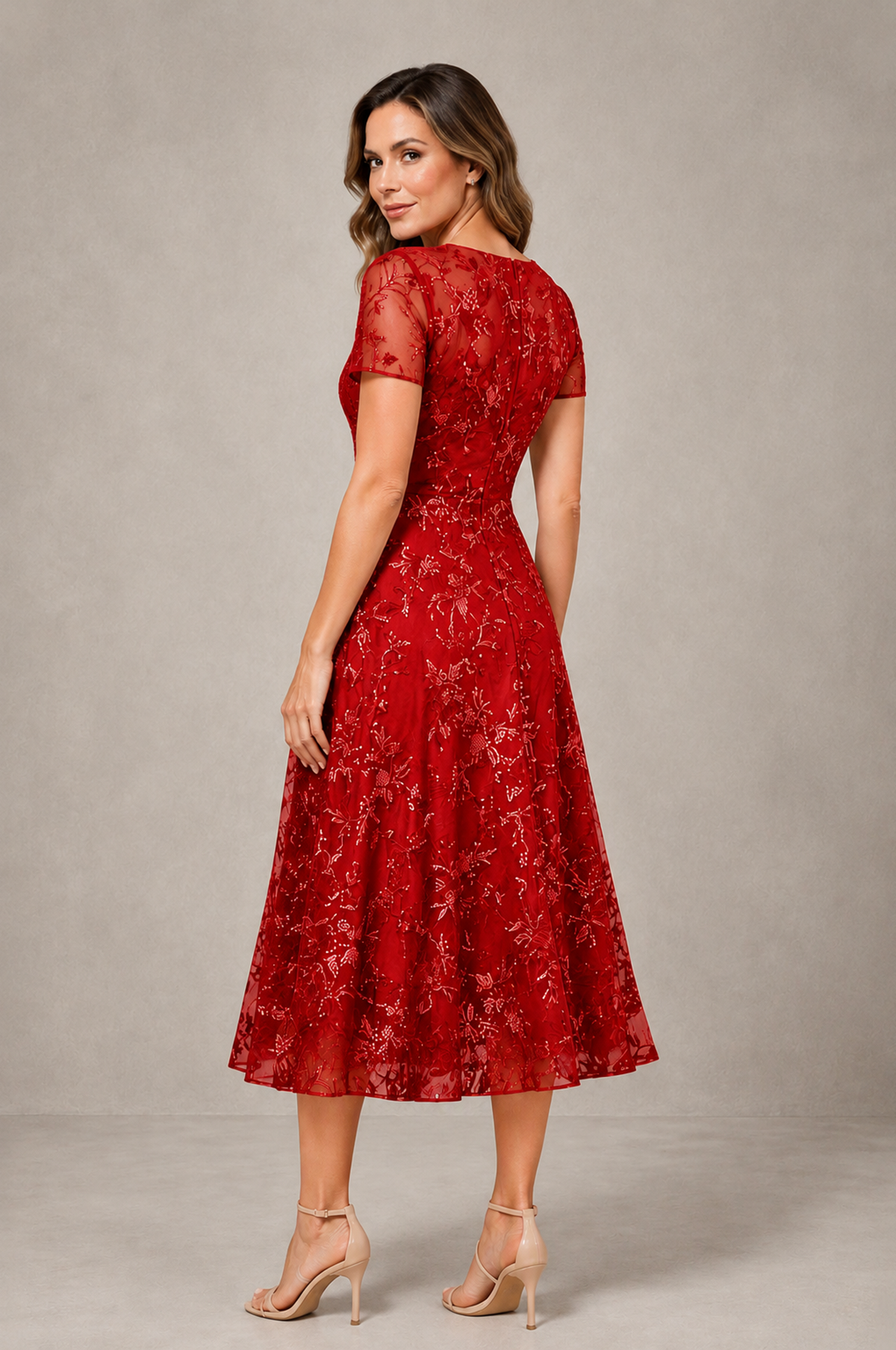 BOLODOO Red Textured Floral A-Line Dress with Short Sleeves - Red - Red_02