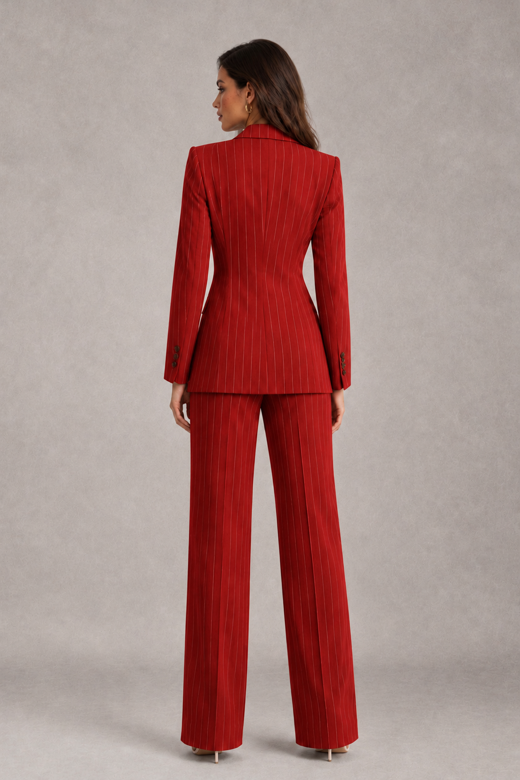 BOLODOO Women's Red Pinstripe Three-Piece Pantsuit with Wide-Leg Trousers - Red - Red_02