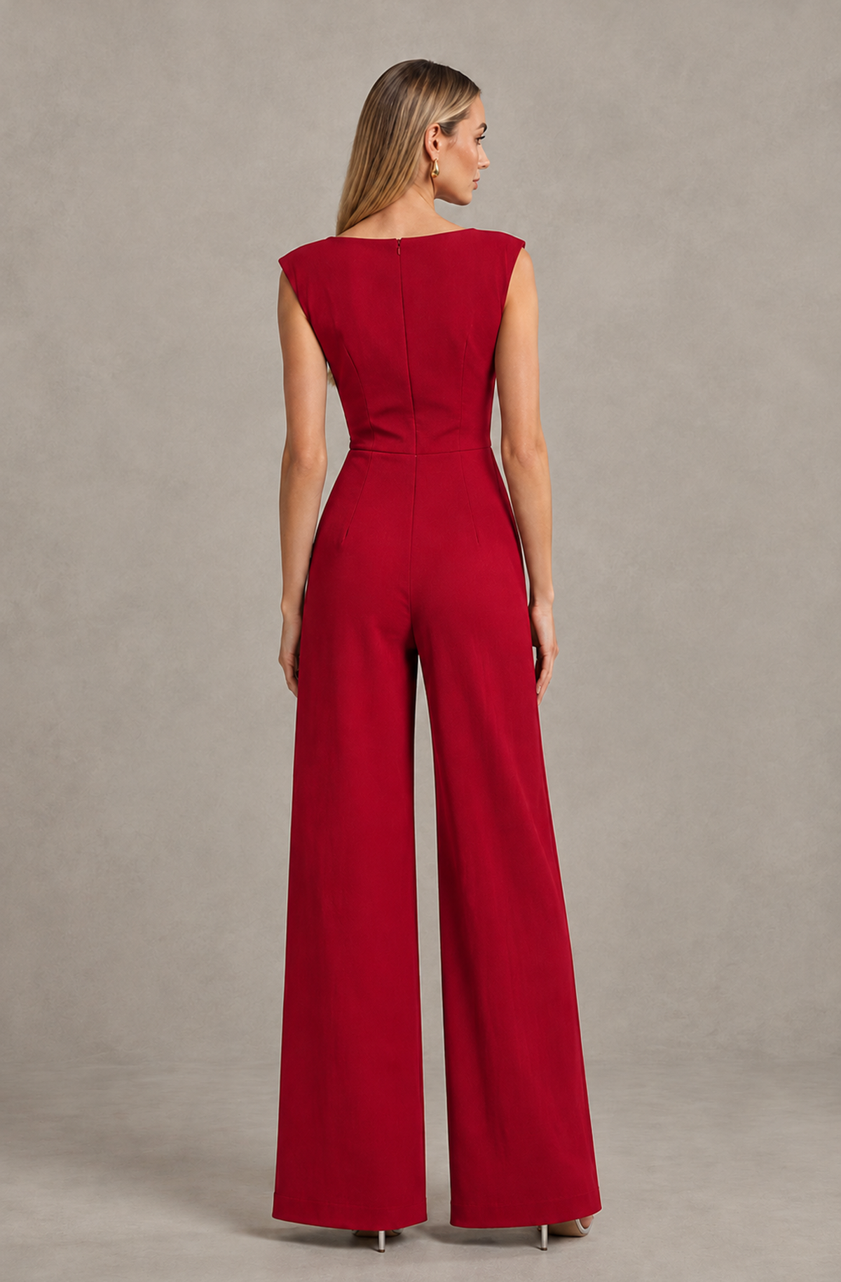BOLODOO Red Sleeveless V-Neck Wide-Leg Jumpsuit with Side Drape - Red - Red_02